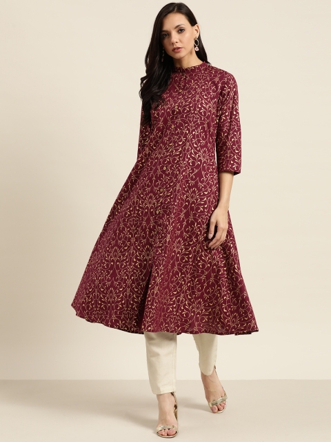 

Sangria Women Magenta & Golden Pure Cotton Floral Printed A-Line Kurta