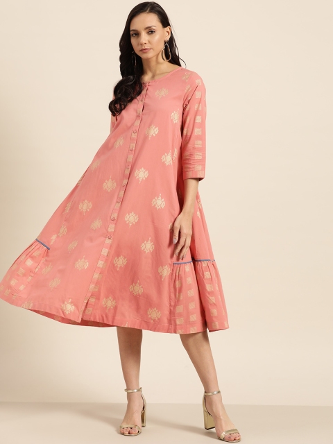 

Sangria Women Pink & Golden Pure Cotton Floral Print A-Line Dress