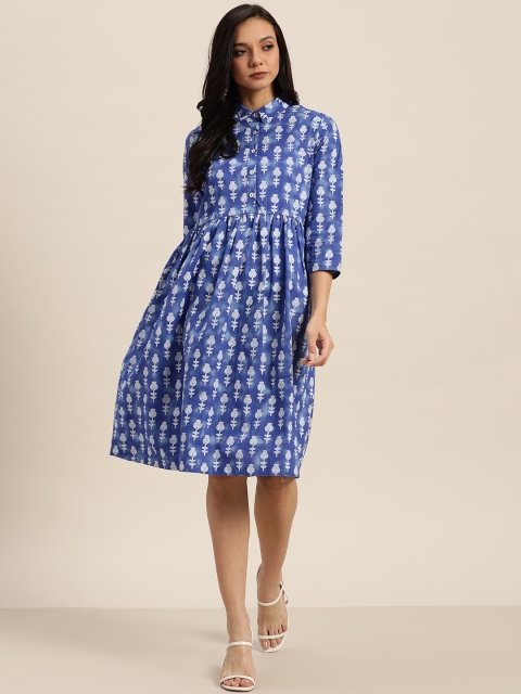 

Sangria Women Blue & White Printed A-Line Dress