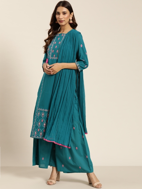 

Sangria Women Teal Green & Pink Yoke Design Kurta with Palazzos & Dupatta