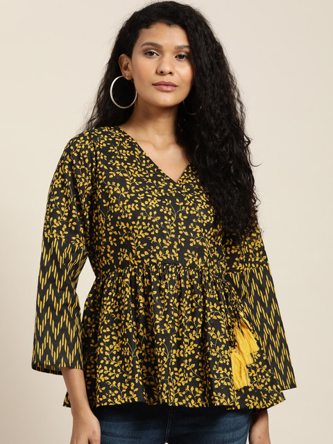 

Sangria Women Black and Mustard Yellow Floral Print A-Line Pure Cotton Top