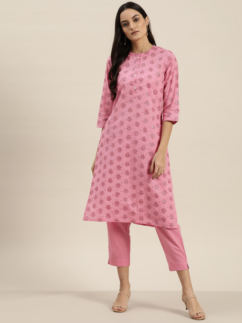 

Sangria Women Pink Printed Kurta with Trousers