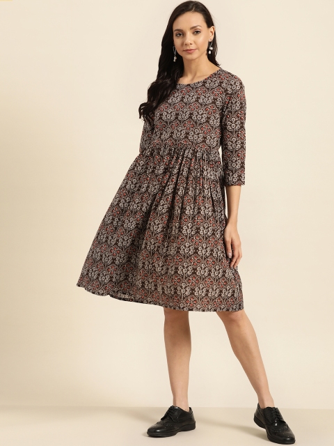 

Sangria Women Brown & White Printed A-Line Dress