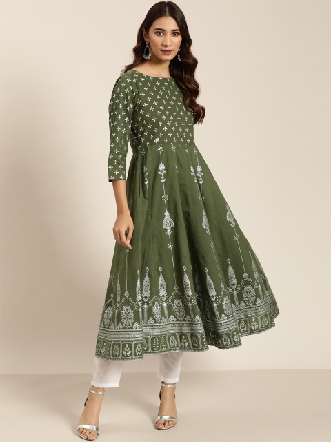 

Sangria Women Olive Green & White Printed Anarkali Kurta