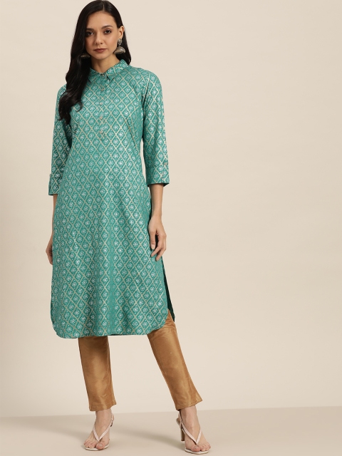 

Sangria Women Blue & Golden Checked Pathani Kurta