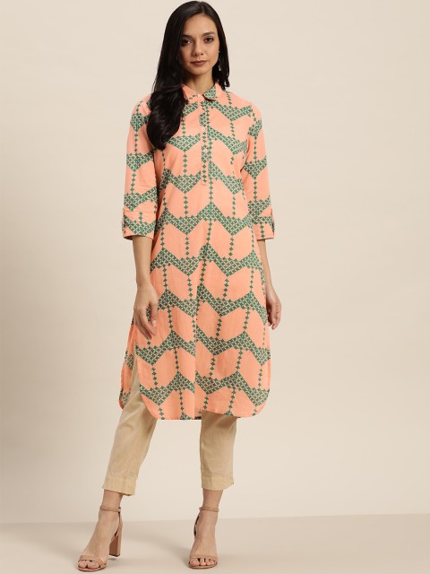 

Sangria Women Peach-Coloured & Green Printed Pathani Kurta