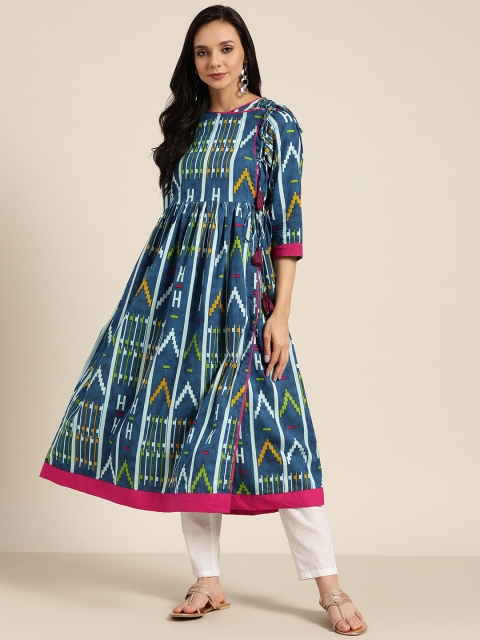 

Sangria Women Navy Blue & Green Printed Pure Cotton Angrakha Kurta