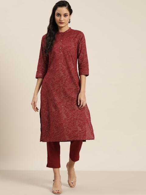 

Sangria Women Maroon & Golden Ethnic Print Pure Cotton Kurta with Trousers