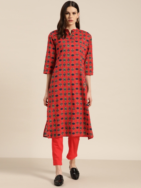 

Sangria Women Red & Navy Blue Printed Pure Cotton Kurta with Trousers