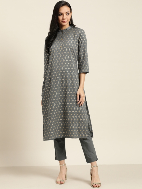 

Sangria Women Charcoal Grey & Golden Printed Kurta with Trousers