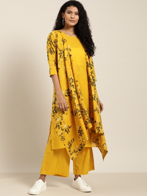 

Sangria Women Mustard Yellow Solid Kurta & Palazzos With Asymmetric Jacket