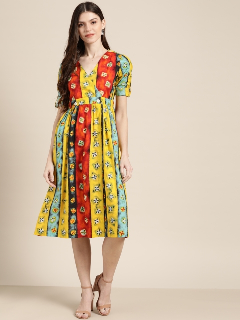 

Sangria Women Yellow & Orange Floral Printed Wrap Dress