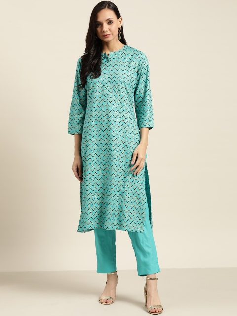 

Sangria Women Blue & Golden Printed Kurta with Trousers