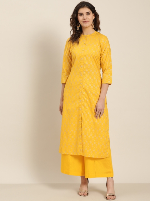 

Sangria Women Mustard Yellow & Golden Printed Straight Kurta with Palazzos