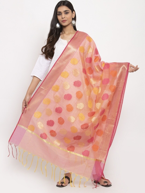 

LOOM LEGACY Pink & Yellow Woven Design Jacquard Banarasi Dupatta