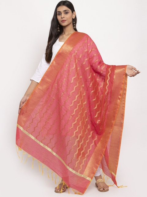 

LOOM LEGACY Pink & Gold-Coloured Woven Design Jacquard Banarasi Dupatta