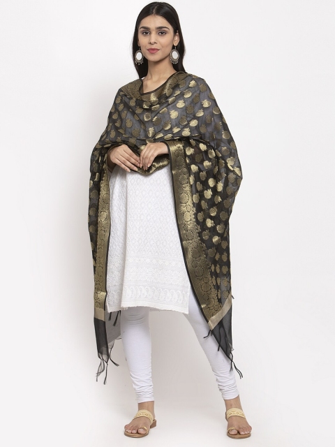 

LOOM LEGACY Black & Gold-Coloured Woven Design Jacquard Banarasi Dupatta