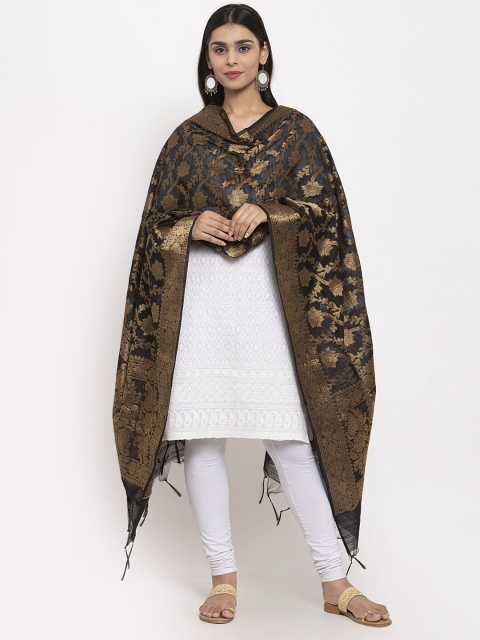 

LOOM LEGACY Black & Gold-Toned Woven Design Banarsi Jacquard Dupatta