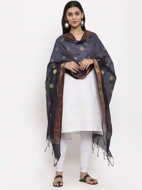 

LOOM LEGACY Navy Blue & Gold-Toned Woven Design Dupatta