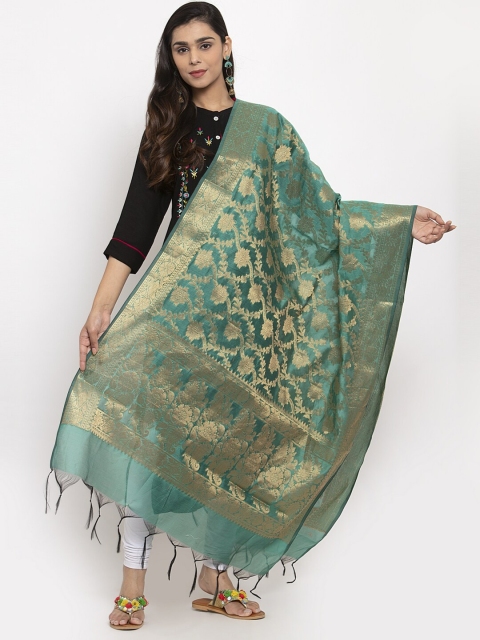 

LOOM LEGACY Green & Gold-Coloured Woven Design Jacquard Banarasi Dupatta