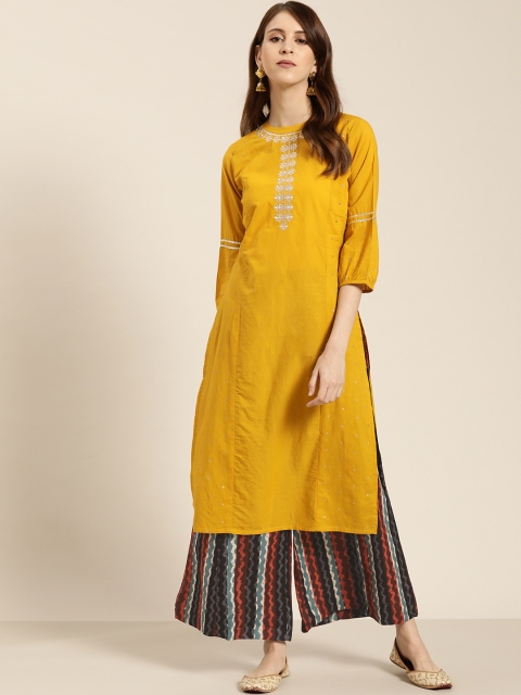 

Sangria Women Mustard Yellow & Maroon Yoke Embroidered Kurta with Palazzos