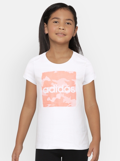

ADIDAS Girls White Neon Orange Round Neck Camouflage Pure Cotton T-shirt
