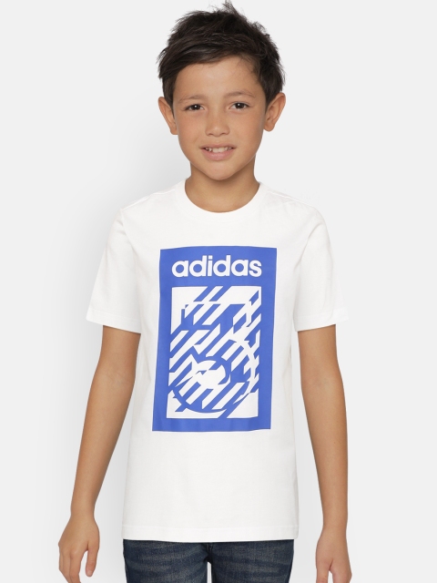 

ADIDAS Boys White Blue Brand Logo Print Box Pure Cotton Sustainable T-shirt