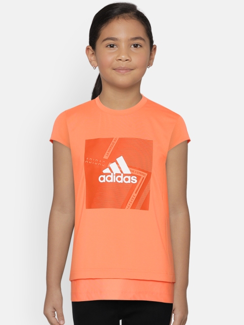 

ADIDAS Girls Coral Orange Round Neck Branded Training T-shirt