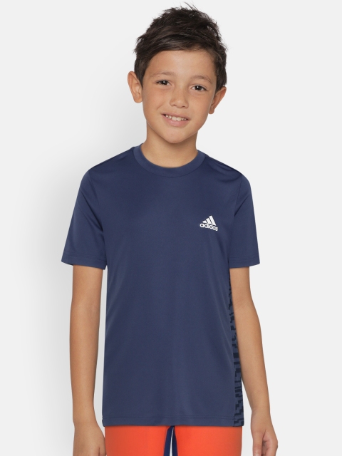 

ADIDAS Boys Navy Blue Printed Back Knit Round Neck Training T-shirt