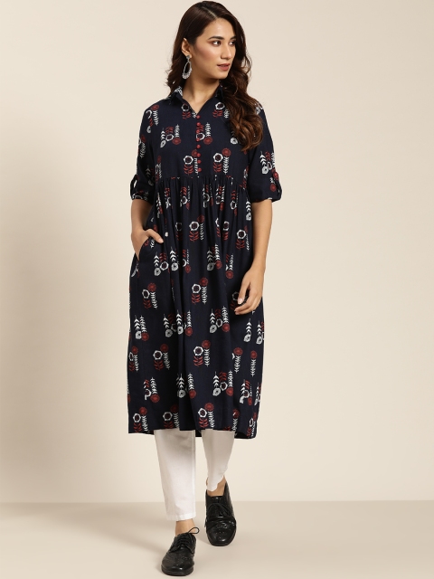 

Sangria Women Navy Blue & White Ethnic Motif Print A-Line Kurta