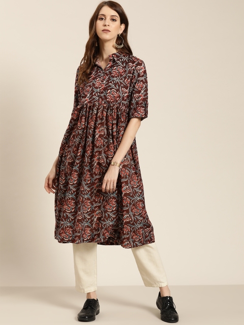 

Sangria Women Coffee Brown & Blue Printed Shirt A-Line Kurta