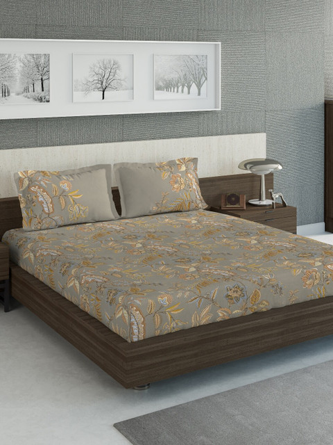 

DDecor Beige Floral 144 TC Cotton 1 King Bedsheet with 2 Pillow Covers