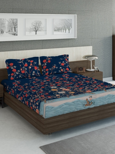 

DDecor Blue Floral 144 TC Cotton 1 King Bedsheet with 2 Pillow Covers