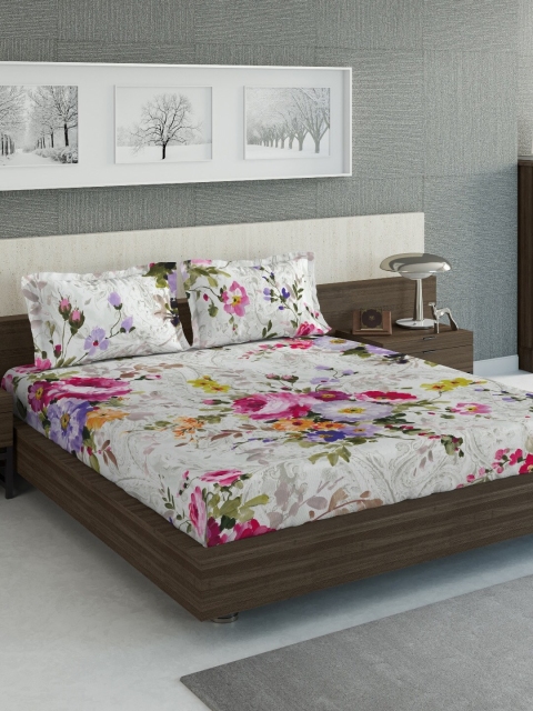 

DDecor White Floral 144 TC Cotton 1 King Bedsheet with 2 Pillow Covers