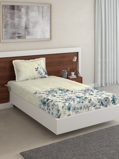 

DDecor Turquoise Blue & Cream-Coloured Floral 144 TC Cotton 1 Single Bedsheet with 1 Pillow Covers