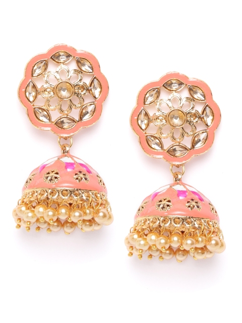 

damani Peach & Cream Coloured Gold-Plated Stone-Studded & Beaded Dome Shaped Jhumkas