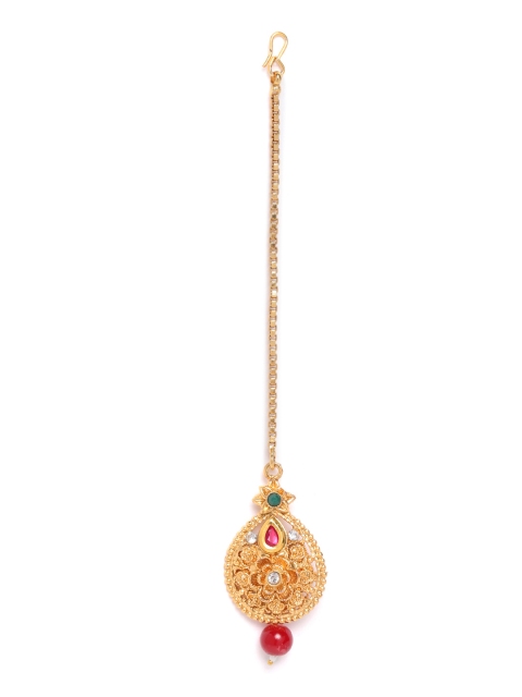 

damani Red & Green Gold-Plated Stone-Studded & Beaded Floral Textured Maang Tika