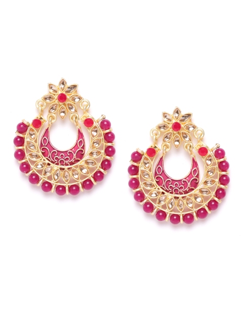 

damani Magenta & Red Gold Plated Stone-Studded & Beaded Crescent Shaped Chandbalis