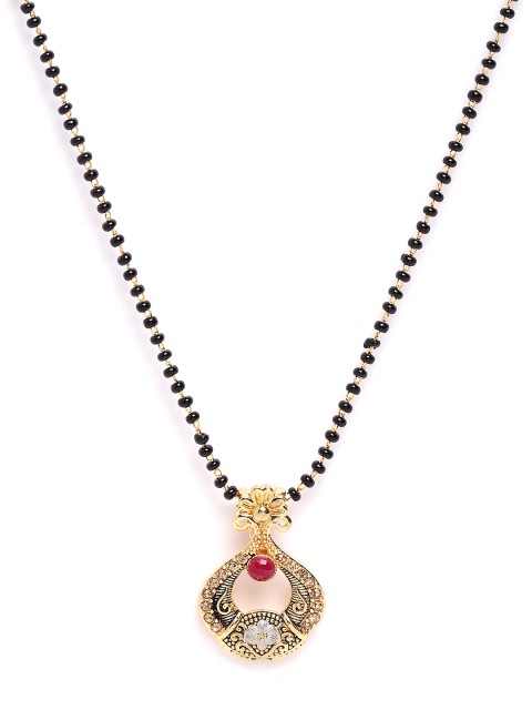 

damani Black & Red Textured Gold-Plated Stone-Studded & Beaded Mangalsutra