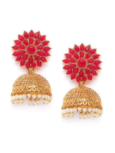 

damani Red & White Gold-Plated Stone-Studded & Beaded Dome Shaped Jhumkas