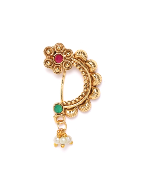 

damani Red & Green Gold-Plated Stone-Studded Beaded Polki Clip-On Nosepin