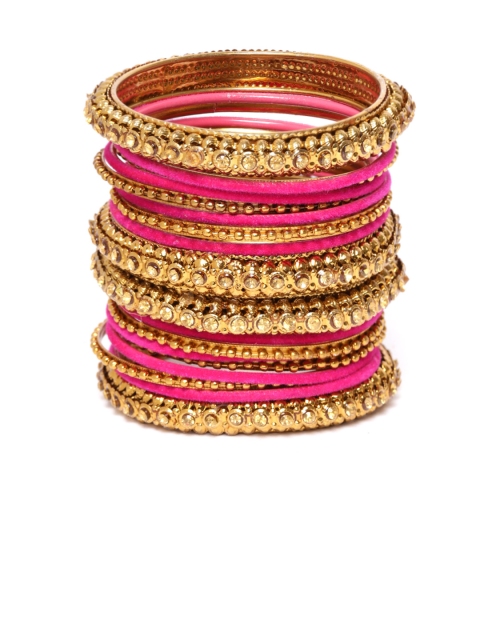 

damani Set of 18 Pink & Gold-Toned Stone-Studded Bangles