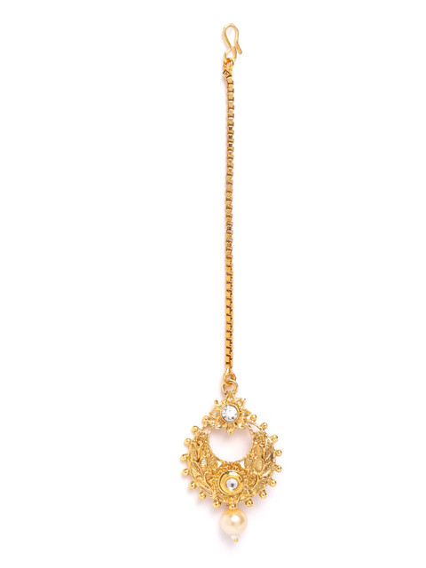 

damani Gold-Plated Stone-Studded & Beaded Crescent-Shaped Textured Maang Tika