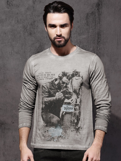 

Roadster Men Charcoal Grey Printed Round Neck T-shirt
