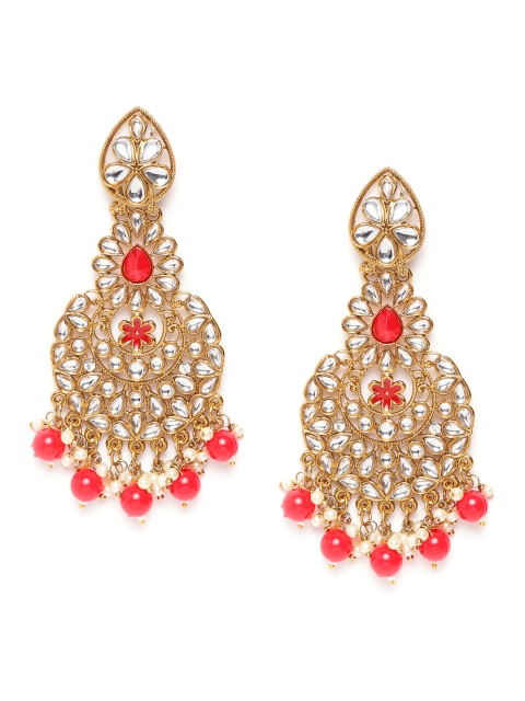 

damani Red & White Gold-Plated Stone-Studded & Beaded Contemporary Drop Earrings