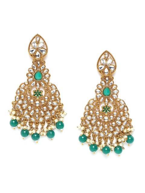 

damani Green & White Gold-Plated Stone Studded & Beaded Contemporary Drop Earrings