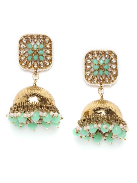 

damani Sea Green & White Gold-Plated Stone-Studded & Beaded Dome Shaped Jhumkas