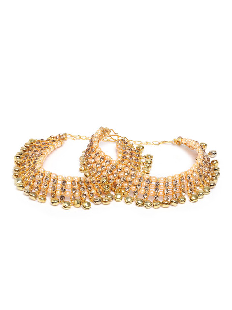 

damani Set of 2 Off-White Gold-Plated Stone-Studded Beaded Anklets with Ghungroo