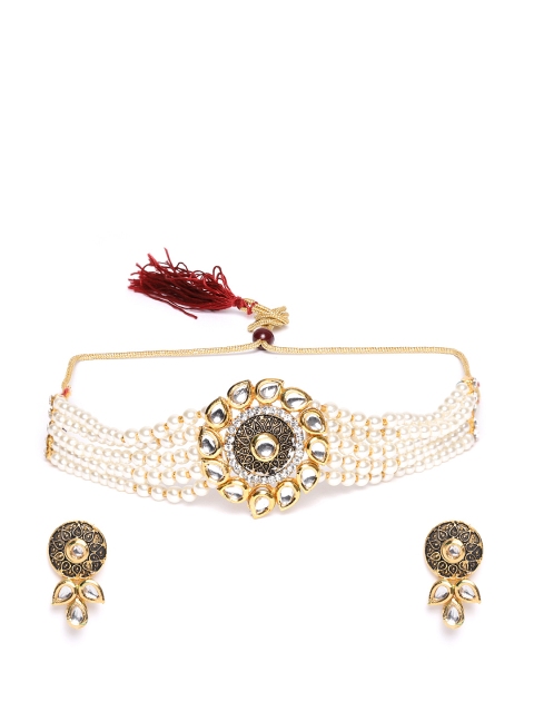 

damani Off-White Gold-Plated Antique Artificial Stone Studded & Beaded Choker Jewelley Set