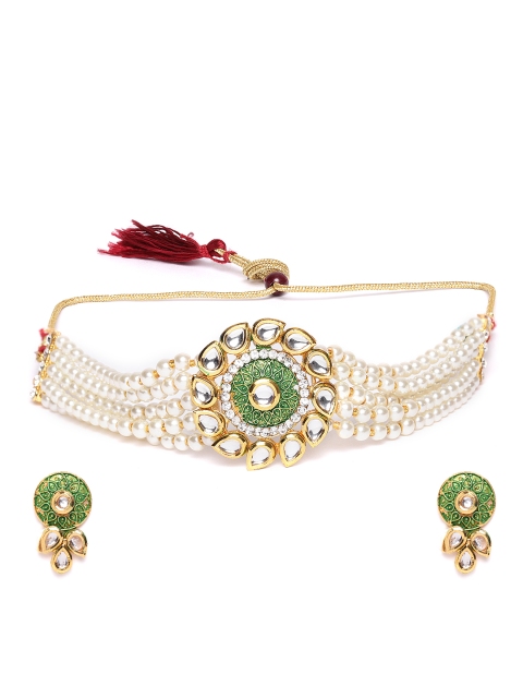 

damani White & Green Gold-Plated Beaded & Stone-Studded Enamelled Polki Jewellery Set